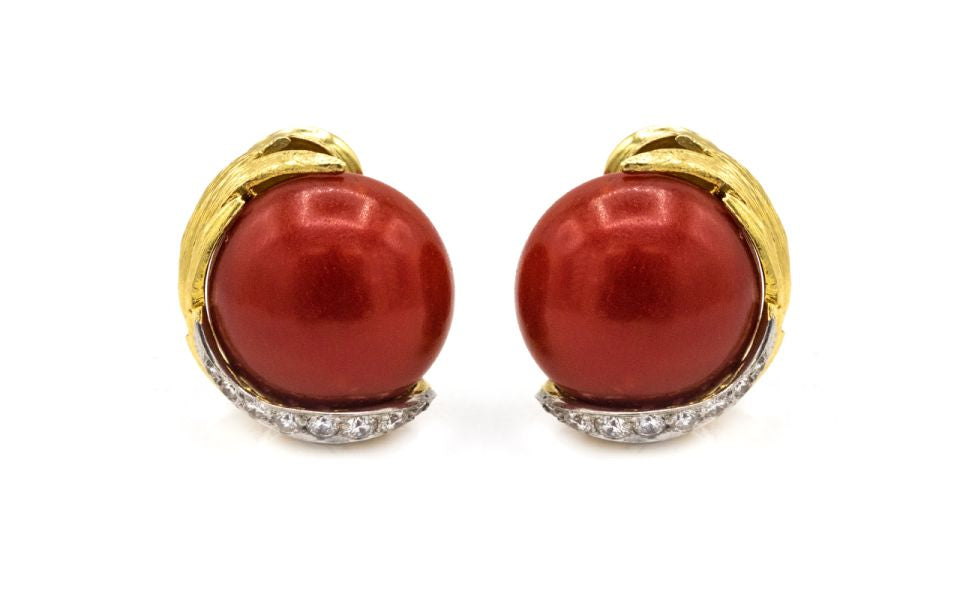 David Webb Platinum & 18K Yellow Gold Domed Coral Diamond Earrings - The Back Vault