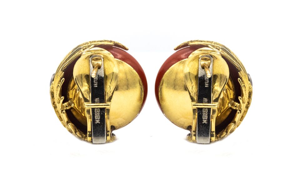 David Webb Platinum & 18K Yellow Gold Domed Coral Diamond Earrings - The Back Vault