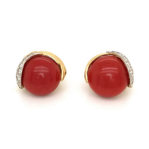 David Webb Platinum & 18K Yellow Gold Domed Coral Diamond Earrings