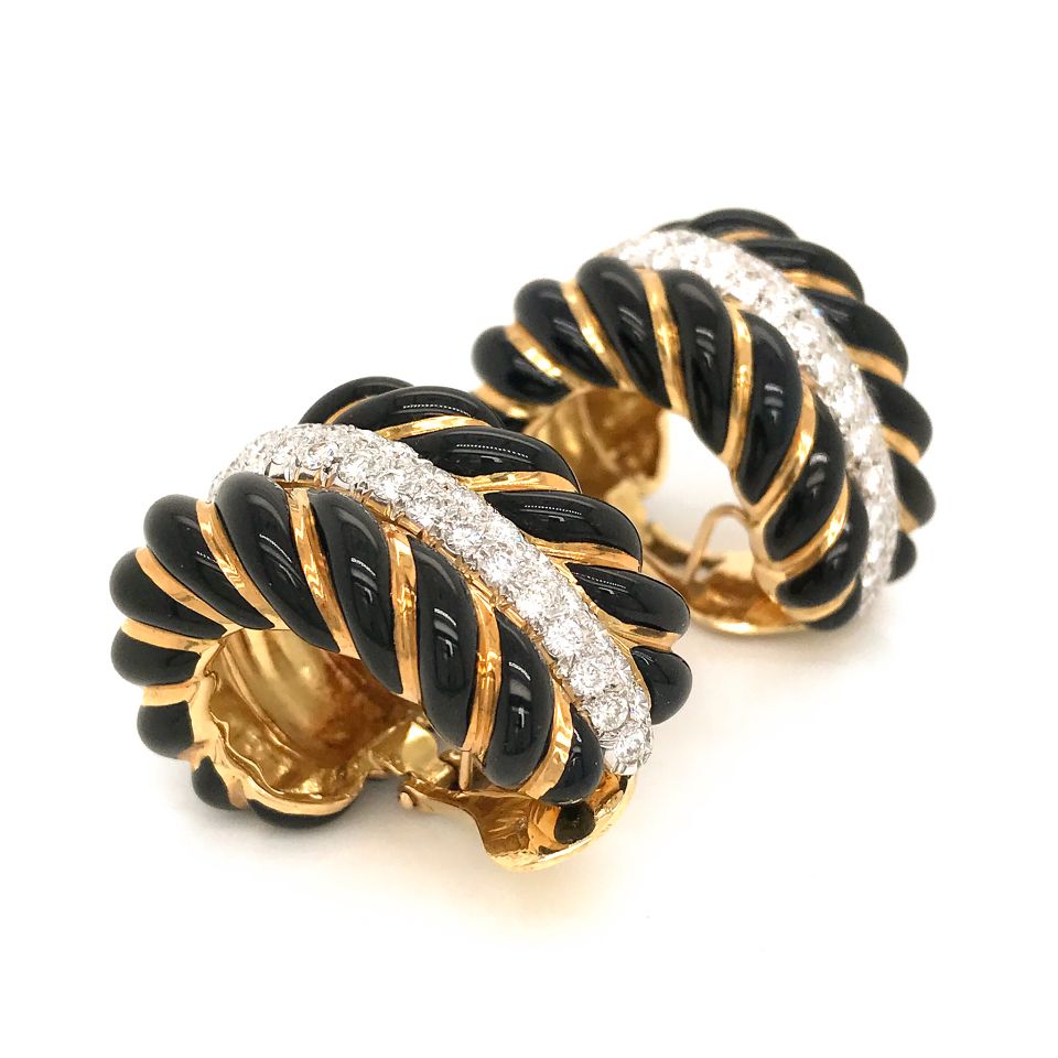 David Webb Platinum & 18K Yellow Gold Black Enamel Diamond Bombe Shrimp Earrings - The Back Vault