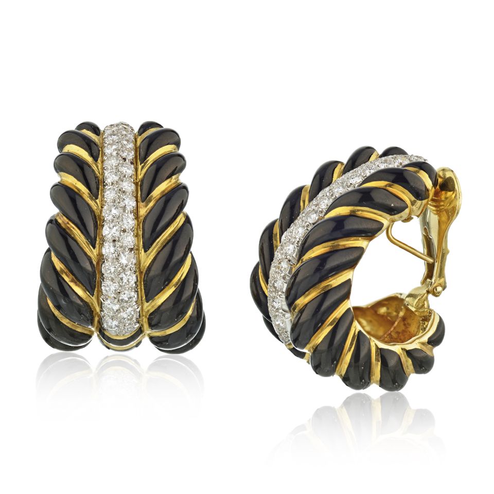 David Webb Platinum & 18K Yellow Gold Black Enamel Diamond Bombe Shrimp Earrings - The Back Vault