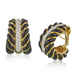 David Webb Platinum & 18K Yellow Gold Black Enamel Diamond Bombe Shrimp Earrings