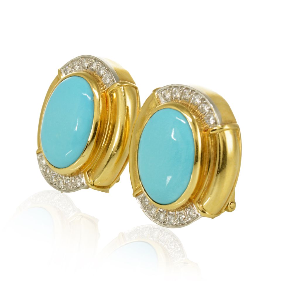 David Webb Platinum & 18K Yellow Gold Oval Shaped Blue Turquoise Diamond Clip-On Earrings - The Back Vault