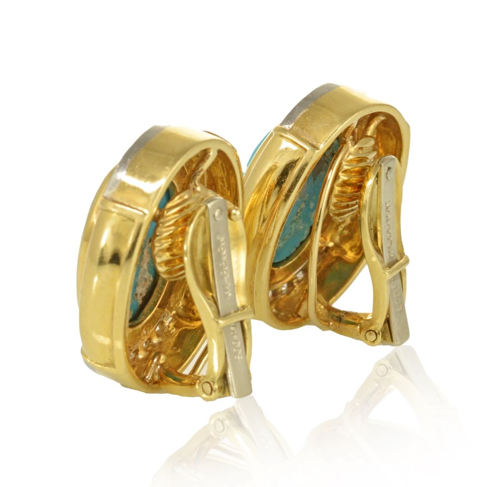 David Webb Platinum & 18K Yellow Gold Oval Shaped Blue Turquoise Diamond Clip-On Earrings - The Back Vault