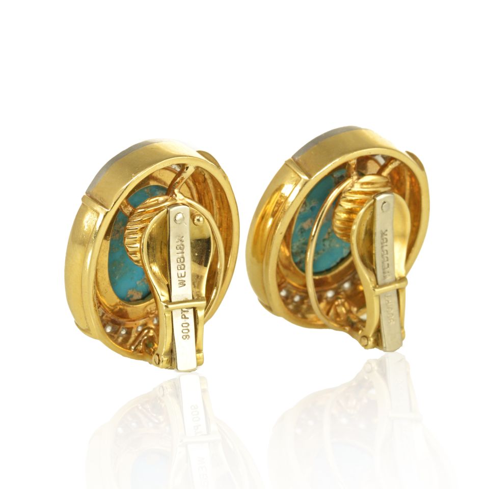 David Webb Platinum & 18K Yellow Gold Oval Shaped Blue Turquoise Diamond Clip-On Earrings - The Back Vault