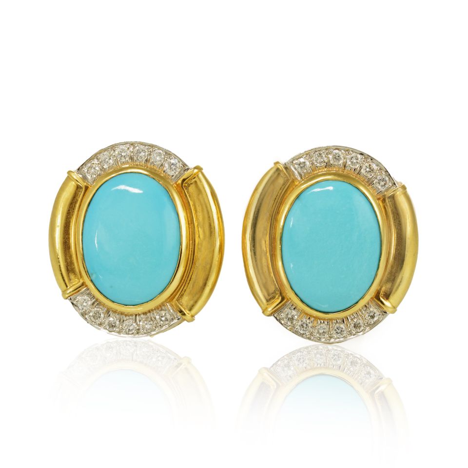 David Webb Platinum & 18K Yellow Gold Oval Shaped Blue Turquoise Diamond Clip-On Earrings - The Back Vault