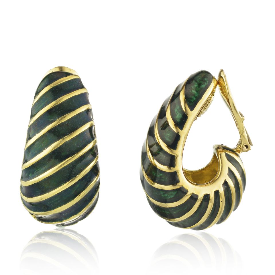 David Webb Platinum & 18K Yellow Gold Green Enamel Shrimp Clip-On Earrings - The Back Vault