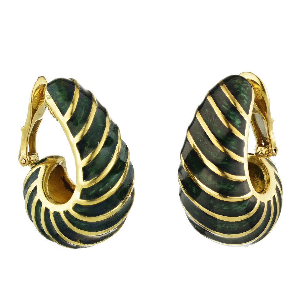 David Webb Platinum & 18K Yellow Gold Green Enamel Shrimp Clip-On Earrings - The Back Vault