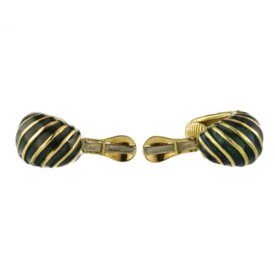 David Webb Platinum & 18K Yellow Gold Green Enamel Shrimp Clip-On Earrings - The Back Vault