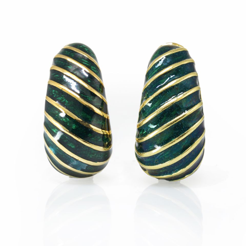 David Webb Platinum & 18K Yellow Gold Green Enamel Shrimp Clip-On Earrings - The Back Vault