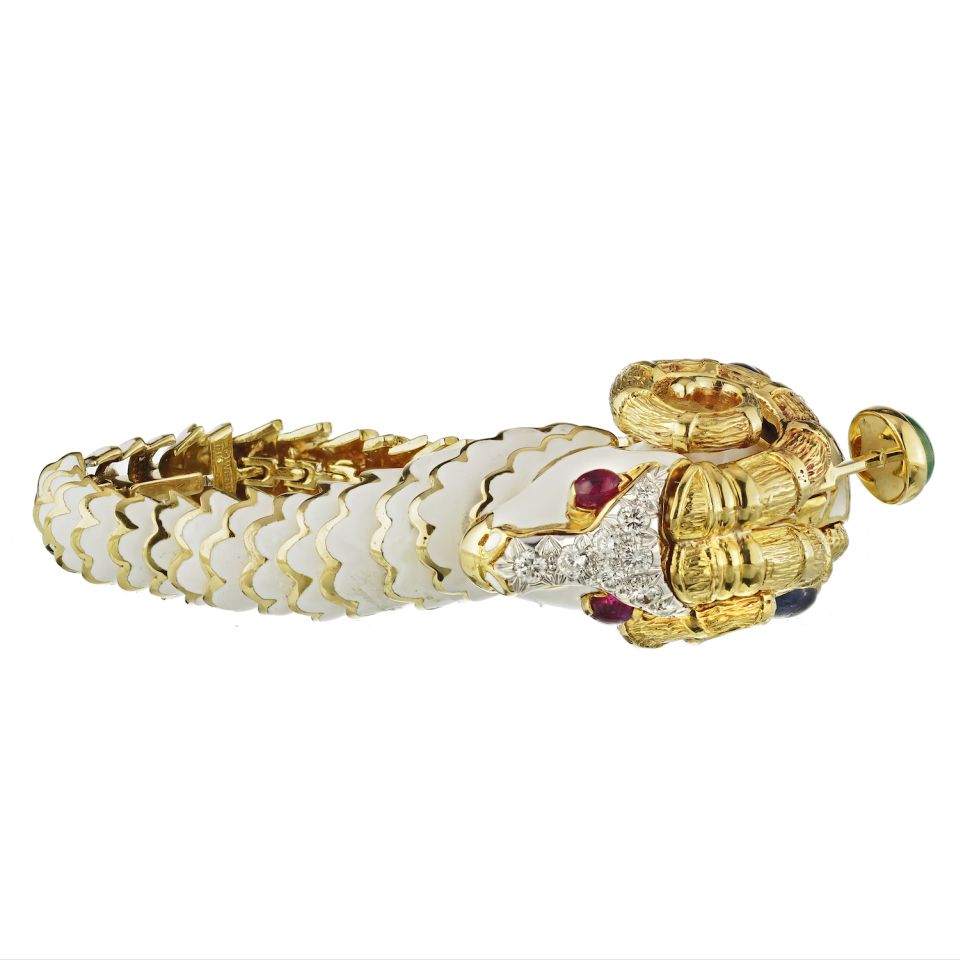 David Webb Kingdom Platinum & 18K Yellow Gold White Enamel Aries Ram Bracelet - The Back Vault