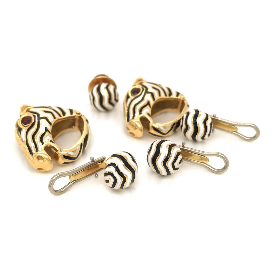 David Webb Platinum & 18K Yellow Gold Zebra White Enamel Cufflinks Jewelry Set - The Back Vault