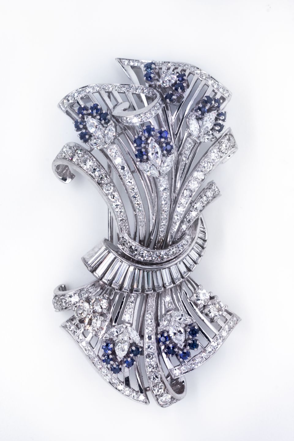 1950's Platinum Diamond & Sapphire Brooch - The Back Vault Jewelry