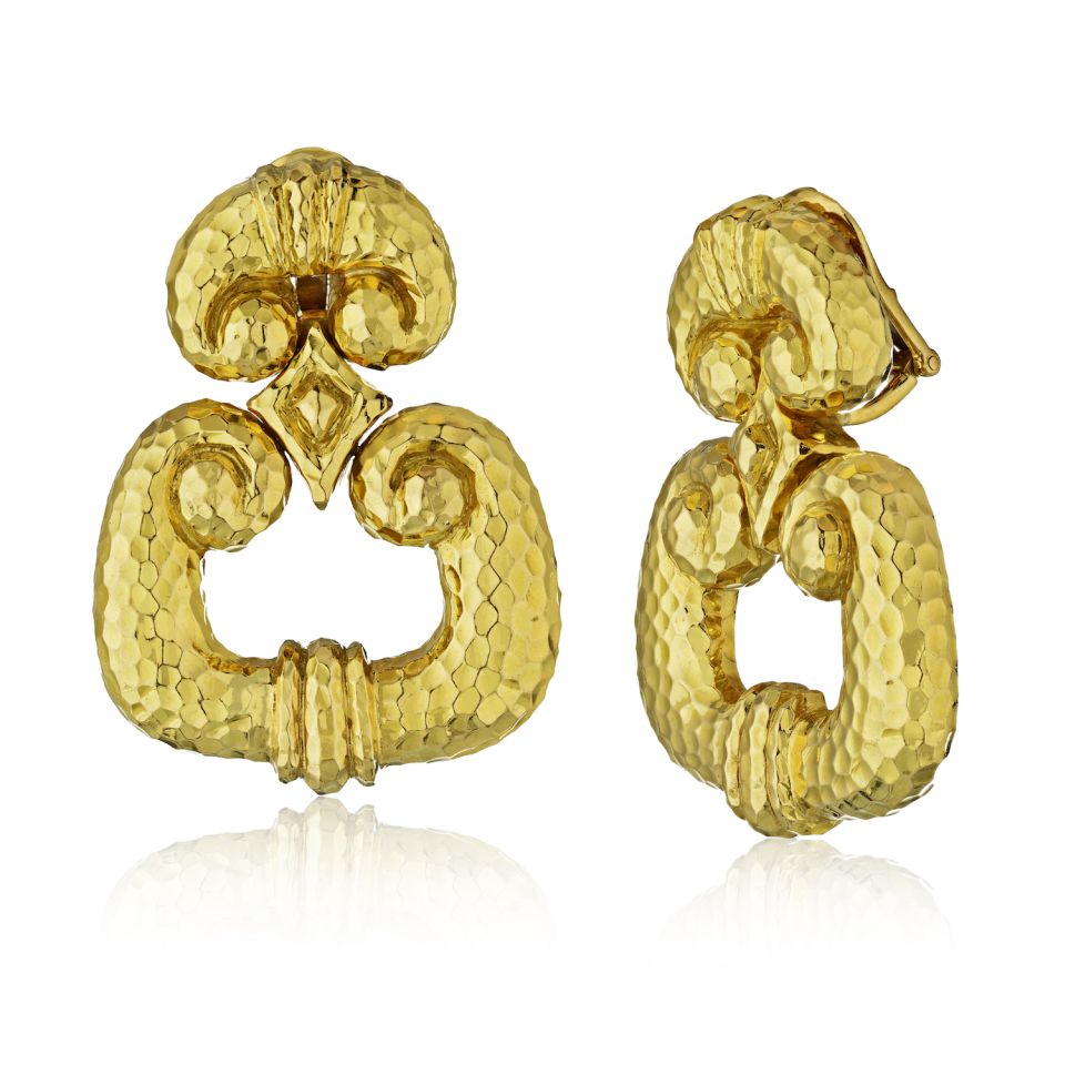 David Webb Door Knockers 18K Yellow Gold Hammered Finished Gold Earrings - The Back Vault