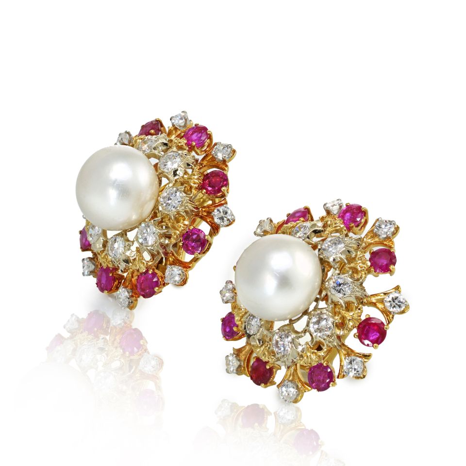 David Webb Platinum Pearl, Diamond & Ruby Earrings - The Back Vault