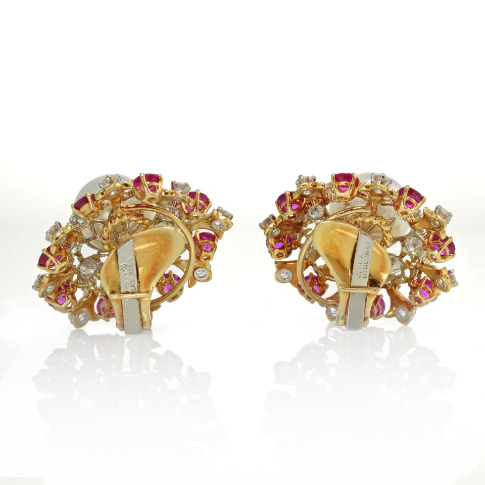 David Webb Platinum Pearl, Diamond & Ruby Earrings - The Back Vault