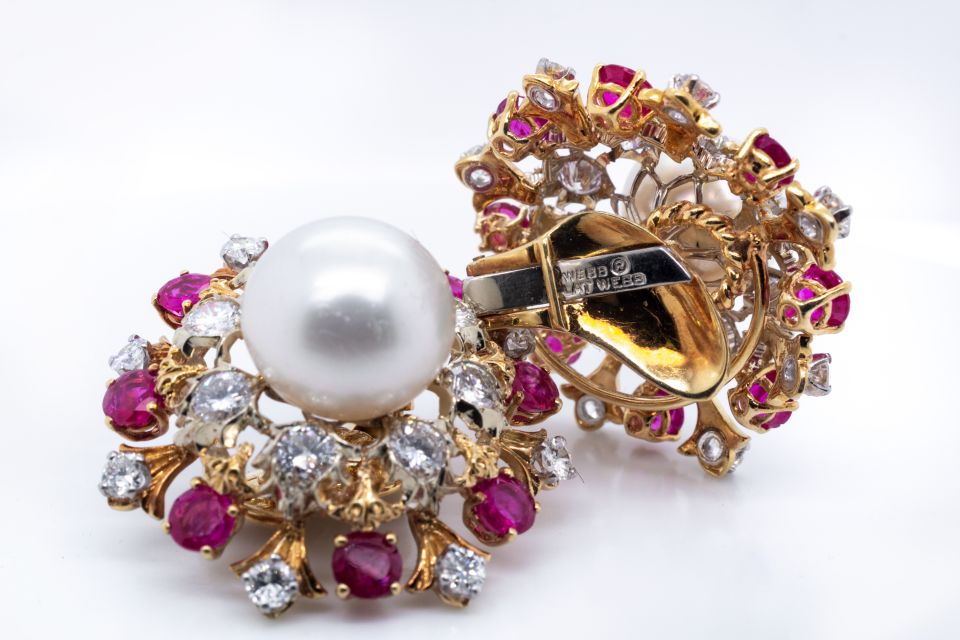 David Webb Platinum Pearl, Diamond & Ruby Earrings - The Back Vault