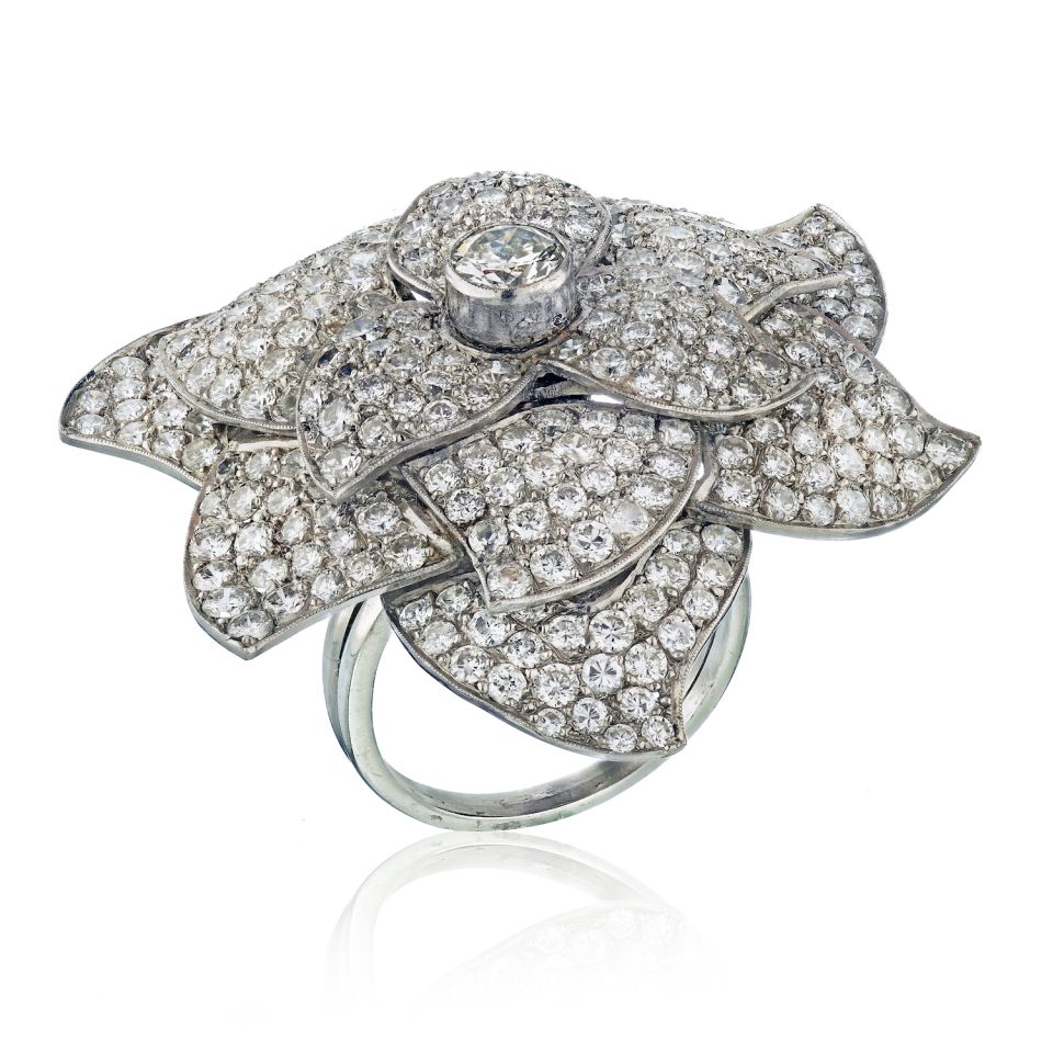 1940's Platinum Pave Diamond Cluster Flower Ring - The Back Vault Jewelry