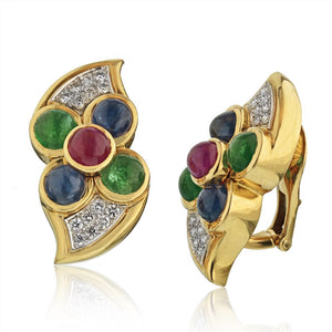 David Webb Platinum & 18K Yellow Gold Sapphire, Ruby & Green Emerald Earrings