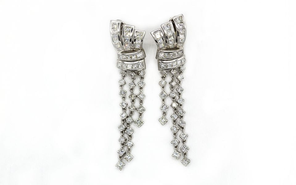 Hanging 18K White Gold 10 carat Princess Cut Diamond Drop Earrings - The Back Vault Jewelry