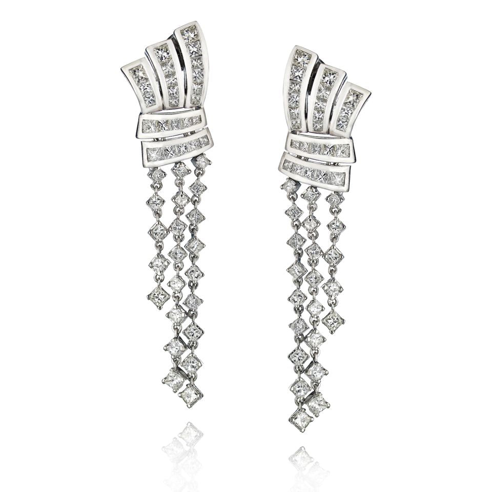 Hanging 18K White Gold 10 carat Princess Cut Diamond Drop Earrings - The Back Vault Jewelry