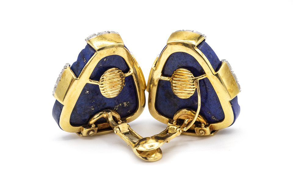 David Webb 1970's Platinum & 18K Yellow Gold 2.75 carat Large Lapis Lazuli Earrings - The Back Vault