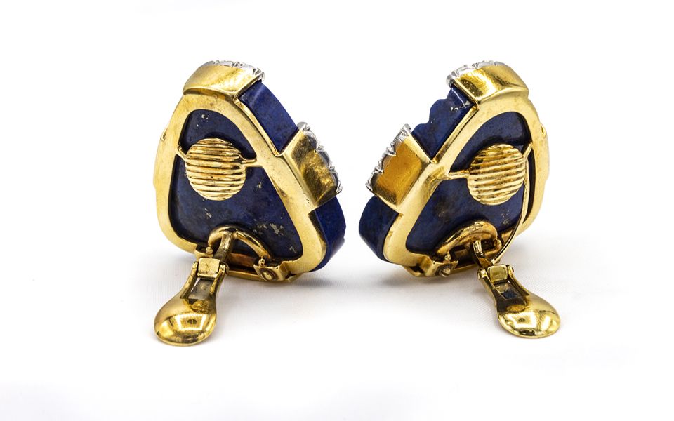 David Webb 1970's Platinum & 18K Yellow Gold 2.75 carat Large Lapis Lazuli Earrings - The Back Vault