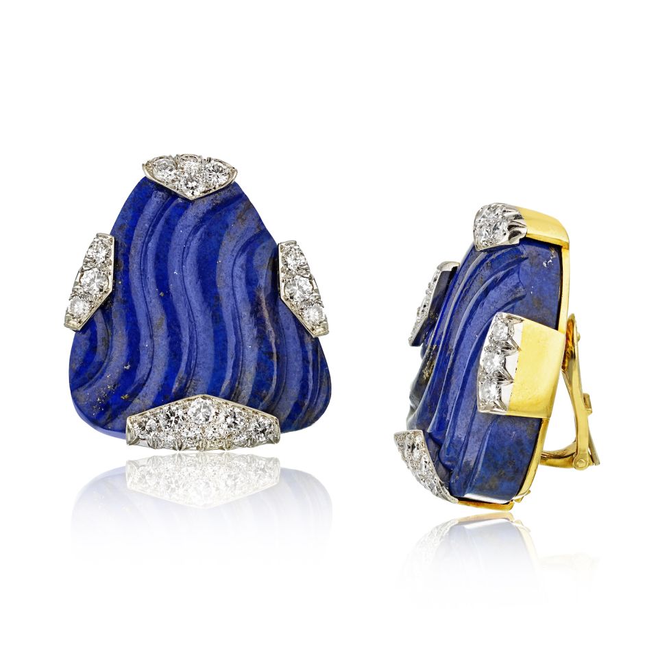 David Webb 1970's Platinum & 18K Yellow Gold 2.75 carat Large Lapis Lazuli Earrings - The Back Vault