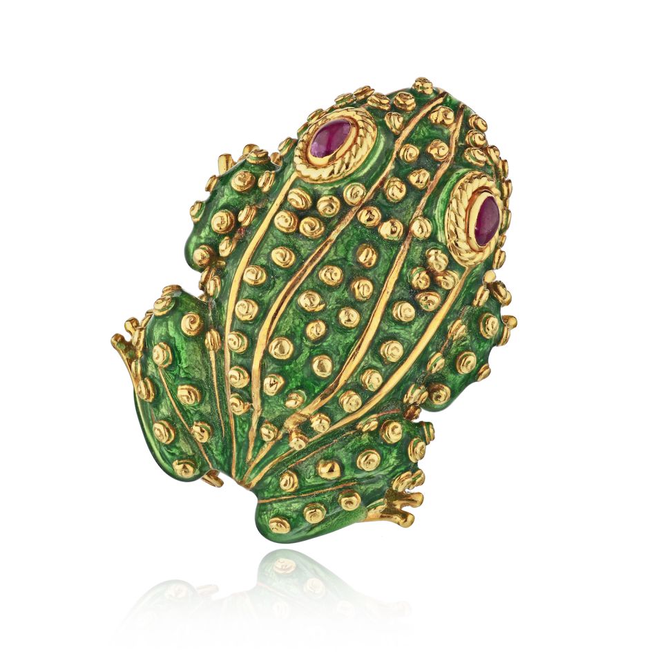 David Webb 18K Yellow Gold Green Enamel Frog Brooch - The Back Vault