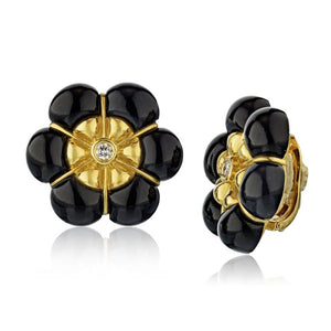 Van Cleef & Arpels Flower 18K Yellow Gold Onyx Clip-On Earrings