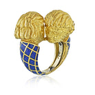 David Webb Crossover Platinum & 18K Yellow Gold Blue Enamel - Double Head Ring - The Back Vault