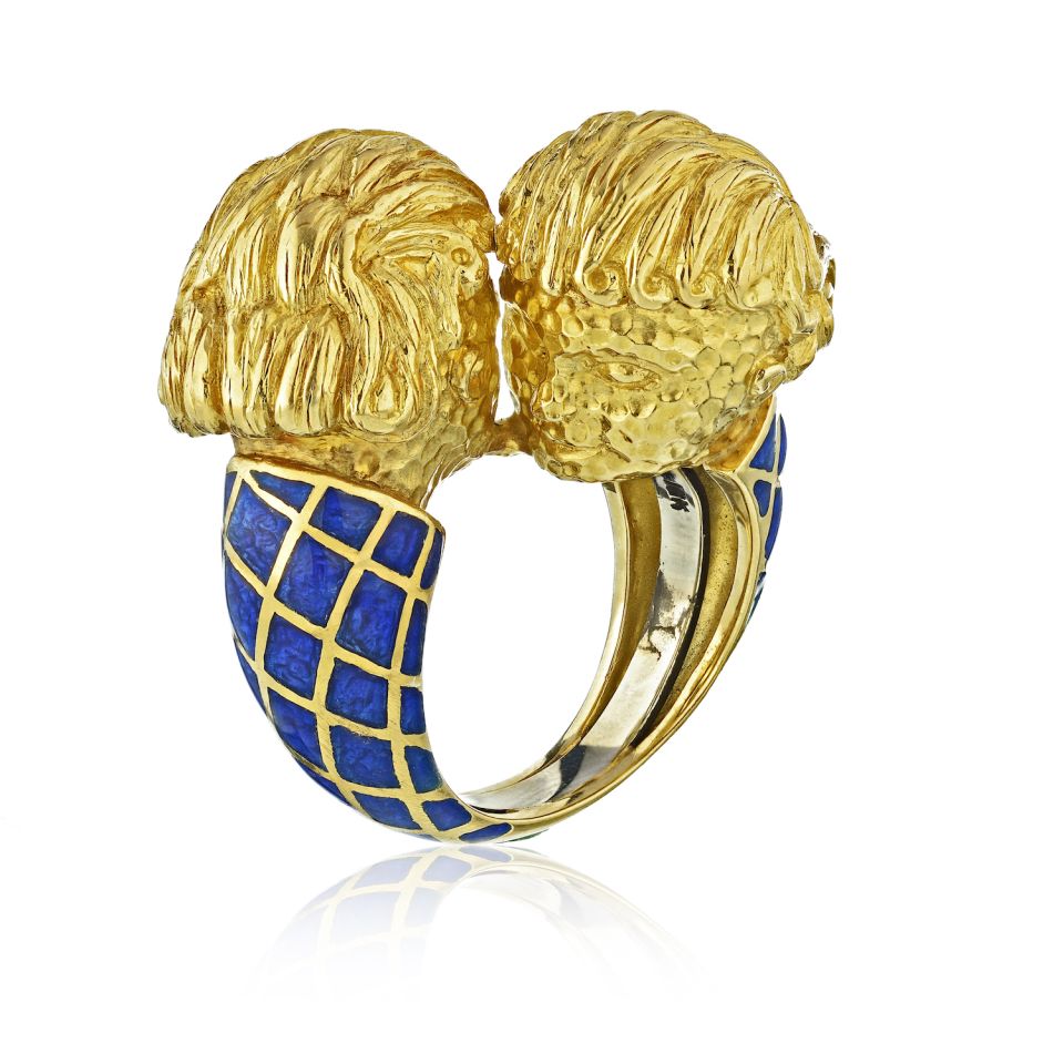 David Webb Crossover Platinum & 18K Yellow Gold Blue Enamel - Double Head Ring - The Back Vault