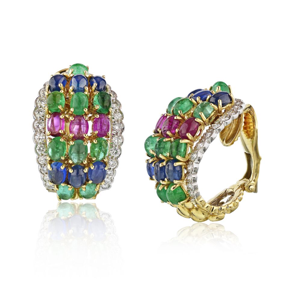 David Webb Multicolor Platinum & 18K Yellow Gold Emeralds, Ruby, Sapphire, Diamonds Earrings - The Back Vault