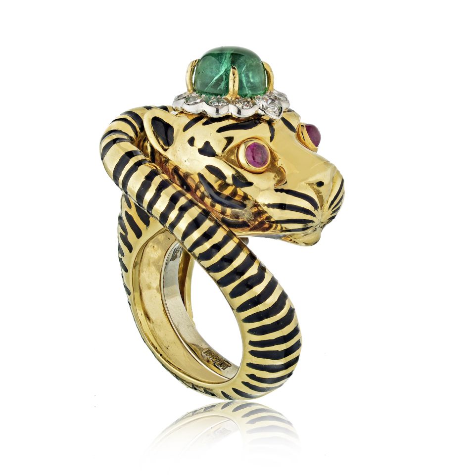 David Webb Tiger Platinum & 18K Yellow Gold Green Emerald, Diamond Ring - The Back Vault