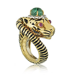 David Webb Tiger Platinum & 18K Yellow Gold Green Emerald, Diamond Ring