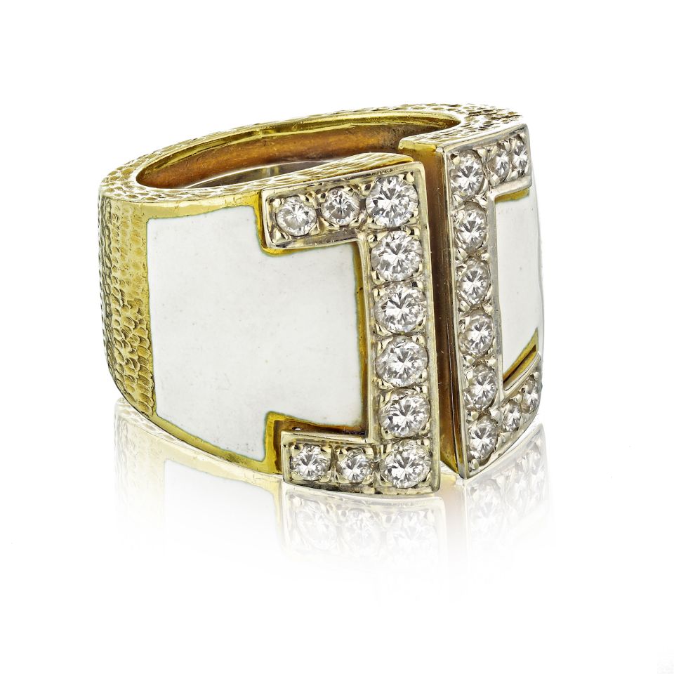 David Webb Buckle Platinum & 18K Yellow Gold White Enamel, Diamond Ring - The Back Vault