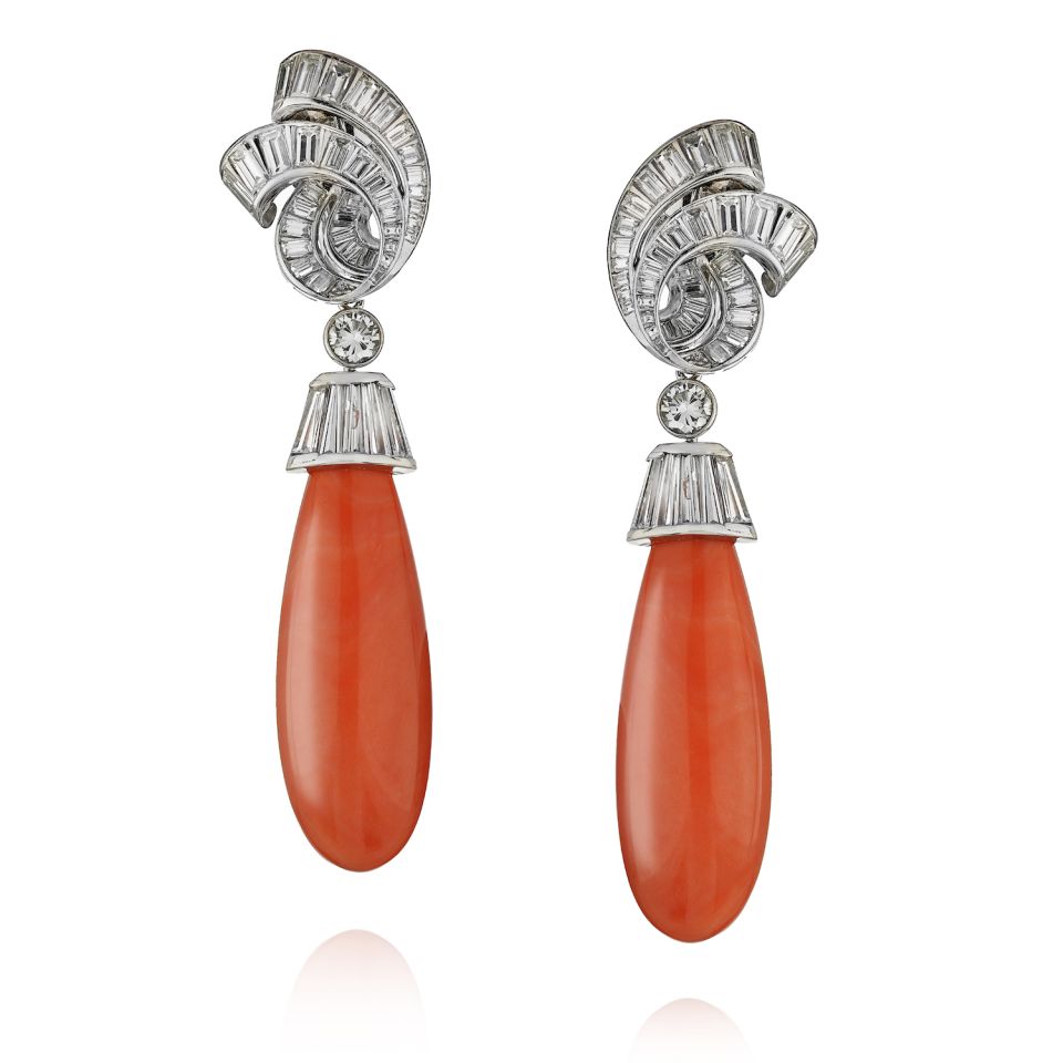 David Webb Platinum Coral And Diamond Drop Convertable Earrings - The Back Vault