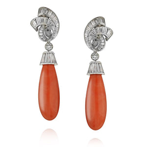 David Webb Platinum Coral And Diamond Drop Convertable Earrings