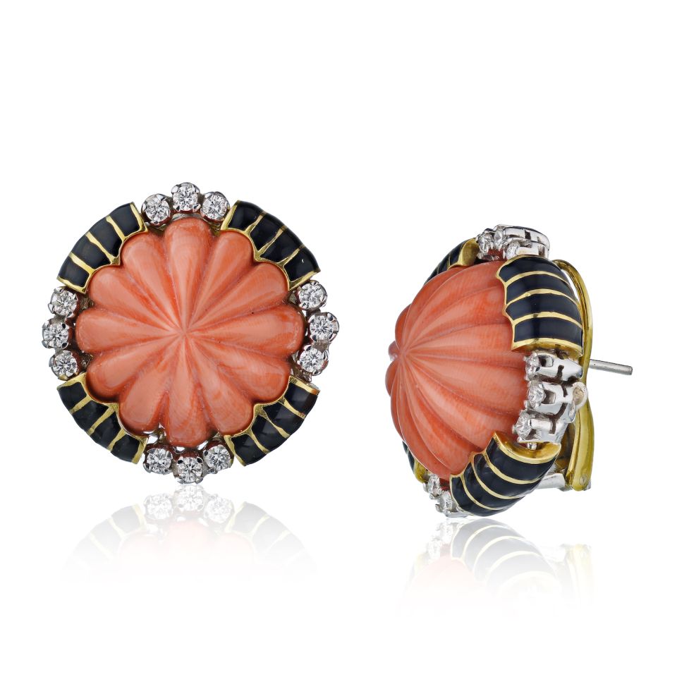 David Webb Coral Platinum & 18K Yellow Gold Black Enamel And Diamond Earrings - The Back Vault