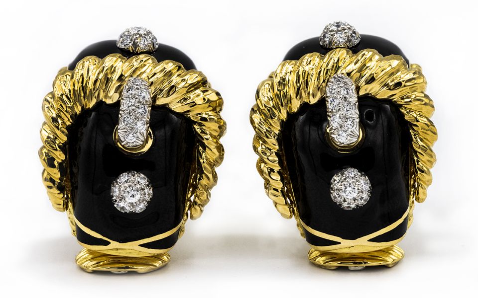 David Webb Buckle Platinum & 18K Yellow Gold Black Enamel, Diamond Earrings - The Back Vault