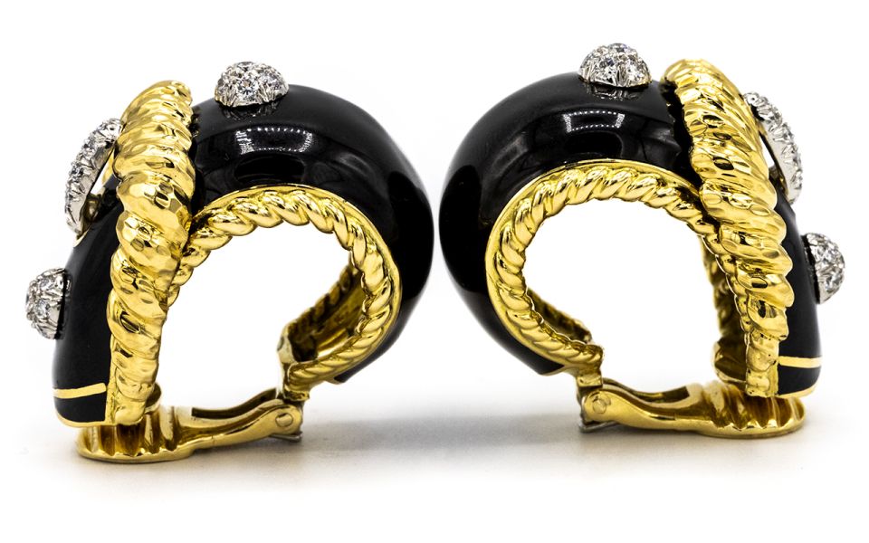 David Webb Buckle Platinum & 18K Yellow Gold Black Enamel, Diamond Earrings - The Back Vault