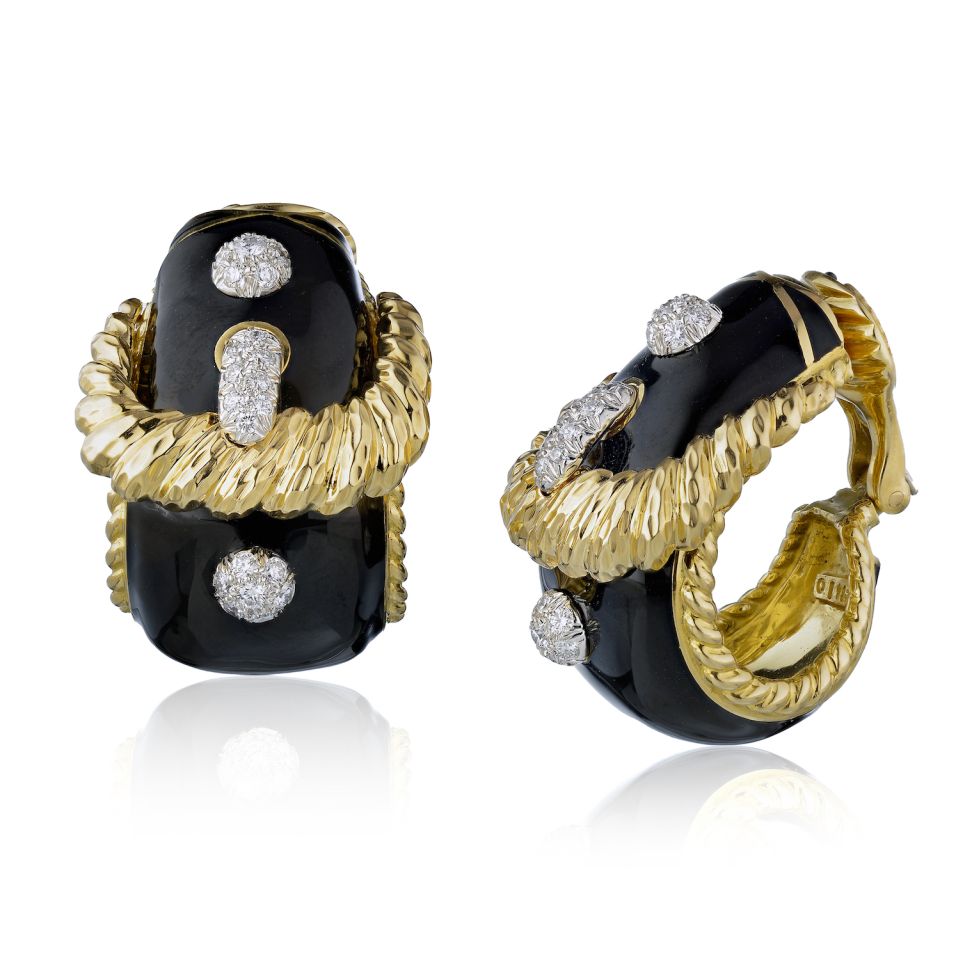 David Webb Buckle Platinum & 18K Yellow Gold Black Enamel, Diamond Earrings - The Back Vault