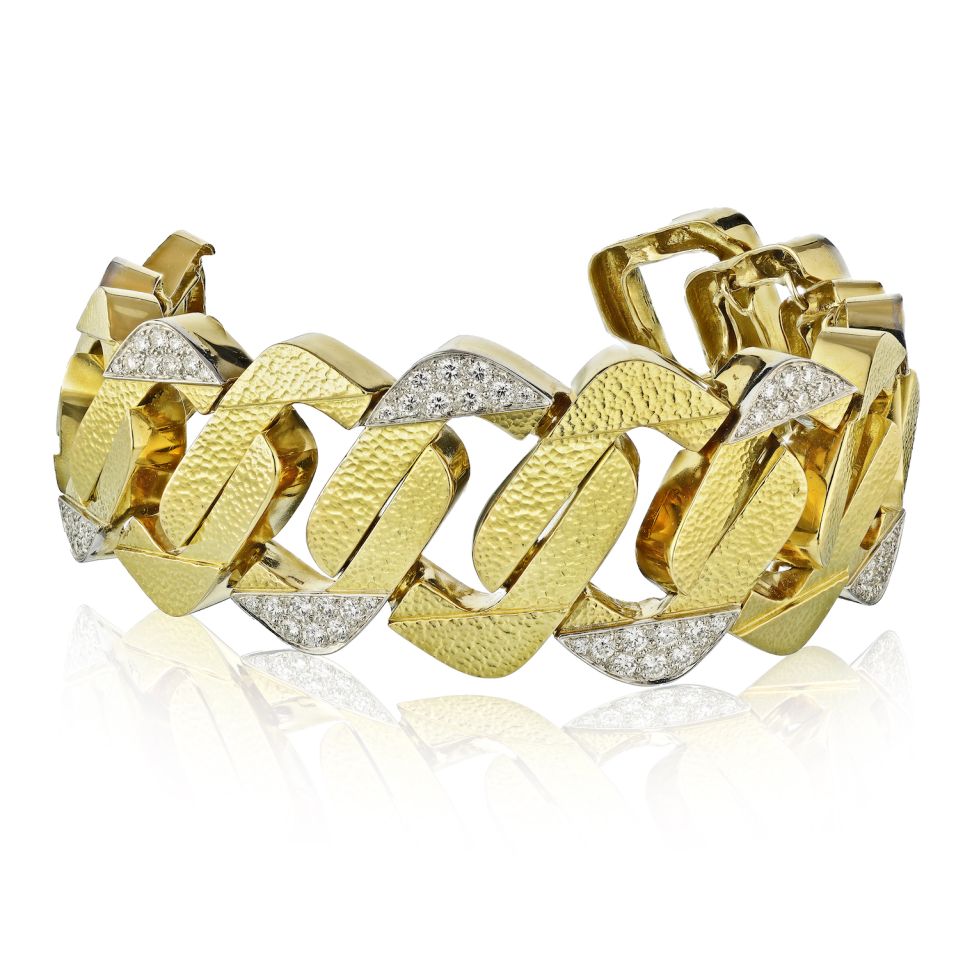 David Webb Platinum & 18K Yellow Gold 12.00cts Diamond Hammered Large Link Bracelet - The Back Vault