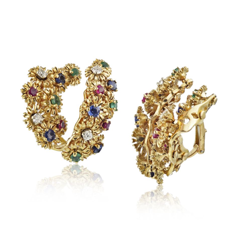 French Multicolor 18K Yellow Gold Ruby, Sapphire, Emerald And Diamond Clip-On Tremblant Flower Earrings - The Back Vault