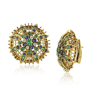 Green Emerald, Sapphires And Diamonds 18K Yellow Gold Open Wirework Estate Earrings