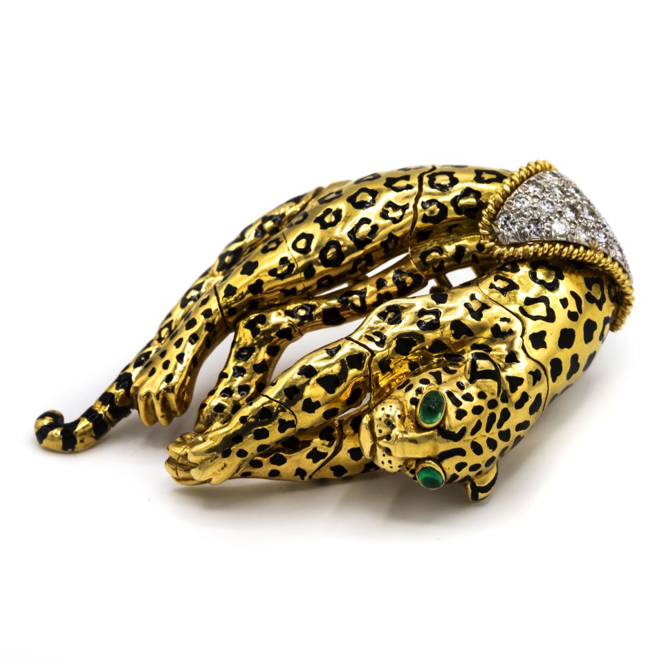 David Webb Leopard 18K Yellow Gold Diamond, Emerald Pendant And Brooch - The Back Vault