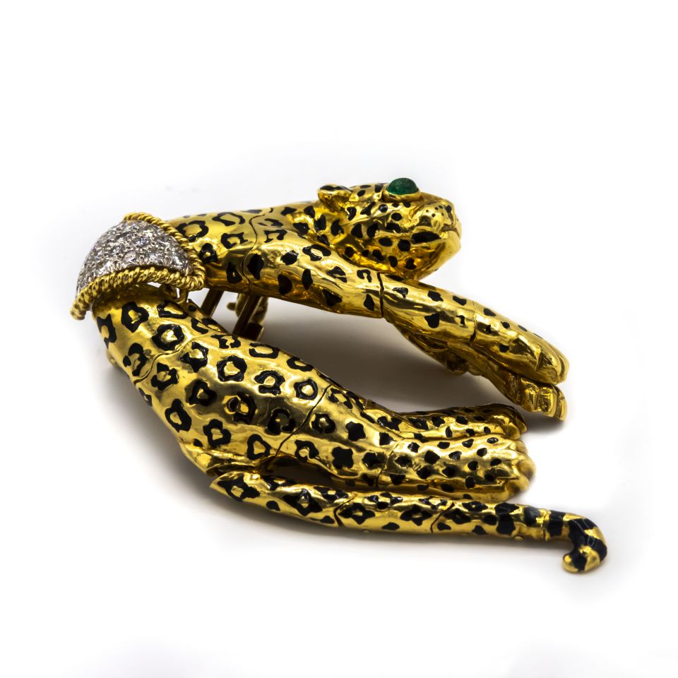 David Webb Leopard 18K Yellow Gold Diamond, Emerald Pendant And Brooch - The Back Vault