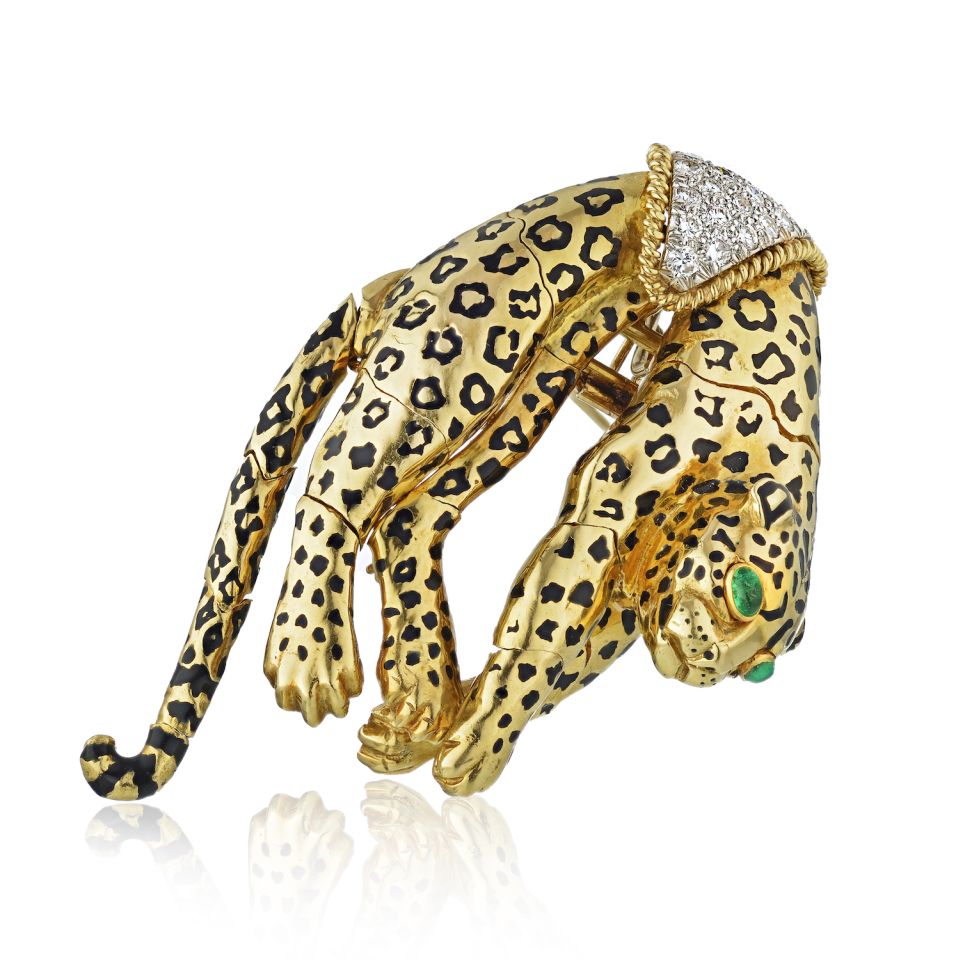 David Webb Leopard 18K Yellow Gold Diamond, Emerald Pendant And Brooch - The Back Vault