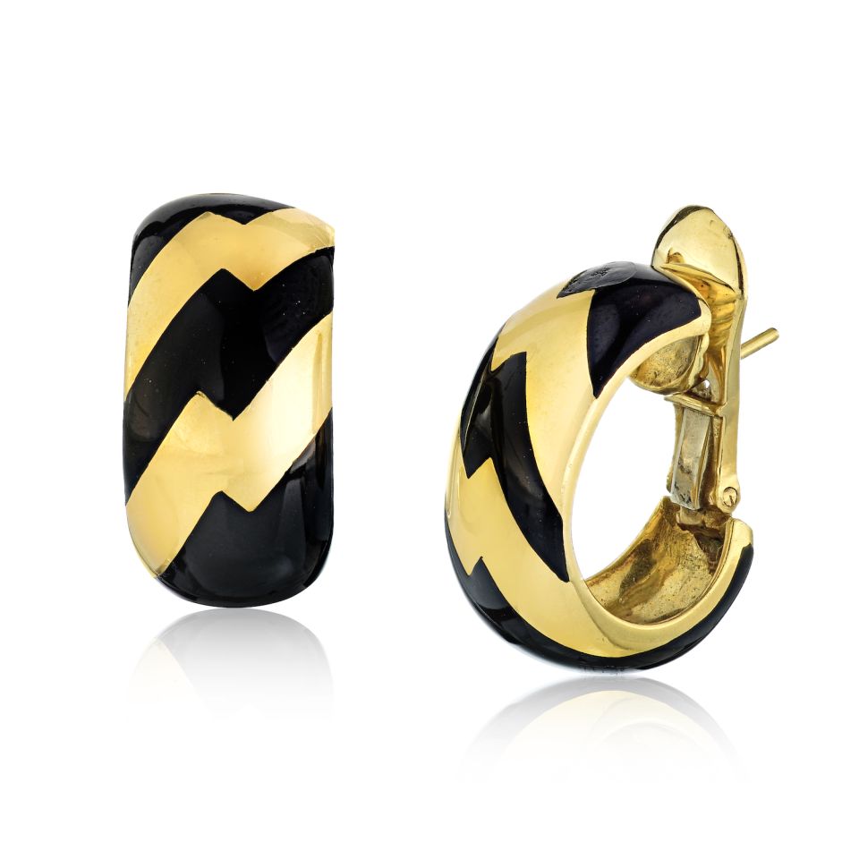 David Webb Platinum & 18K Yellow Gold Black & Gold in Thunder Bolt Motif Earrings - The Back Vault