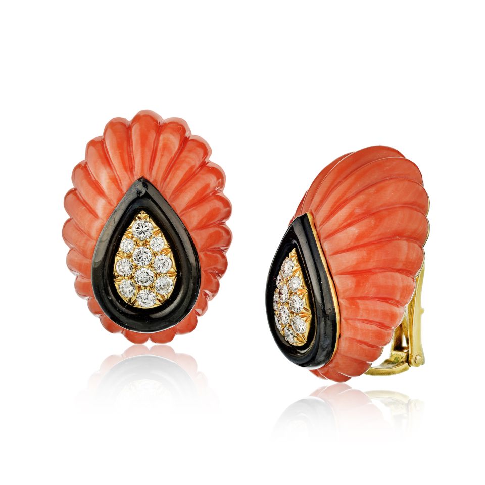 David Webb Fluted Coral, Black Enamel, Diamond Clip-On Earrings - The Back Vault